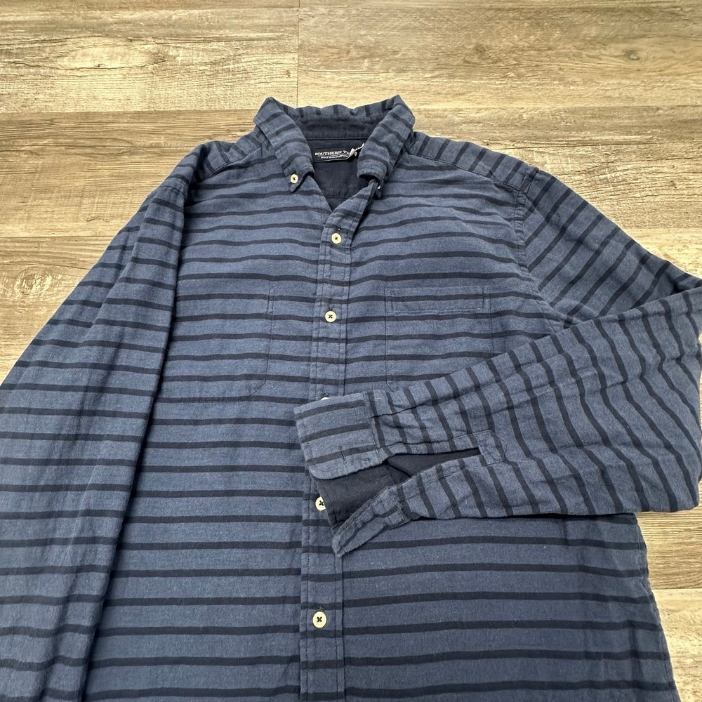 Southern Tide Navy Blue Striped Mens L‎ Button Down Flannel Long Sleeve Shirt